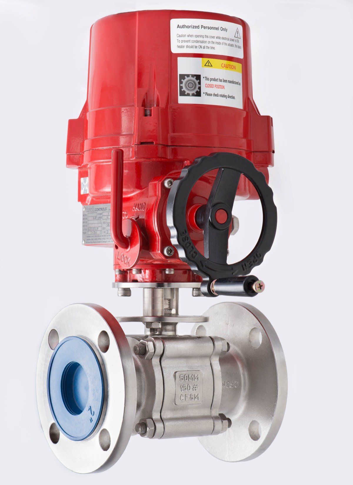 Flanged ball valve with an electric actuator, photographed at a three-quarter angle.